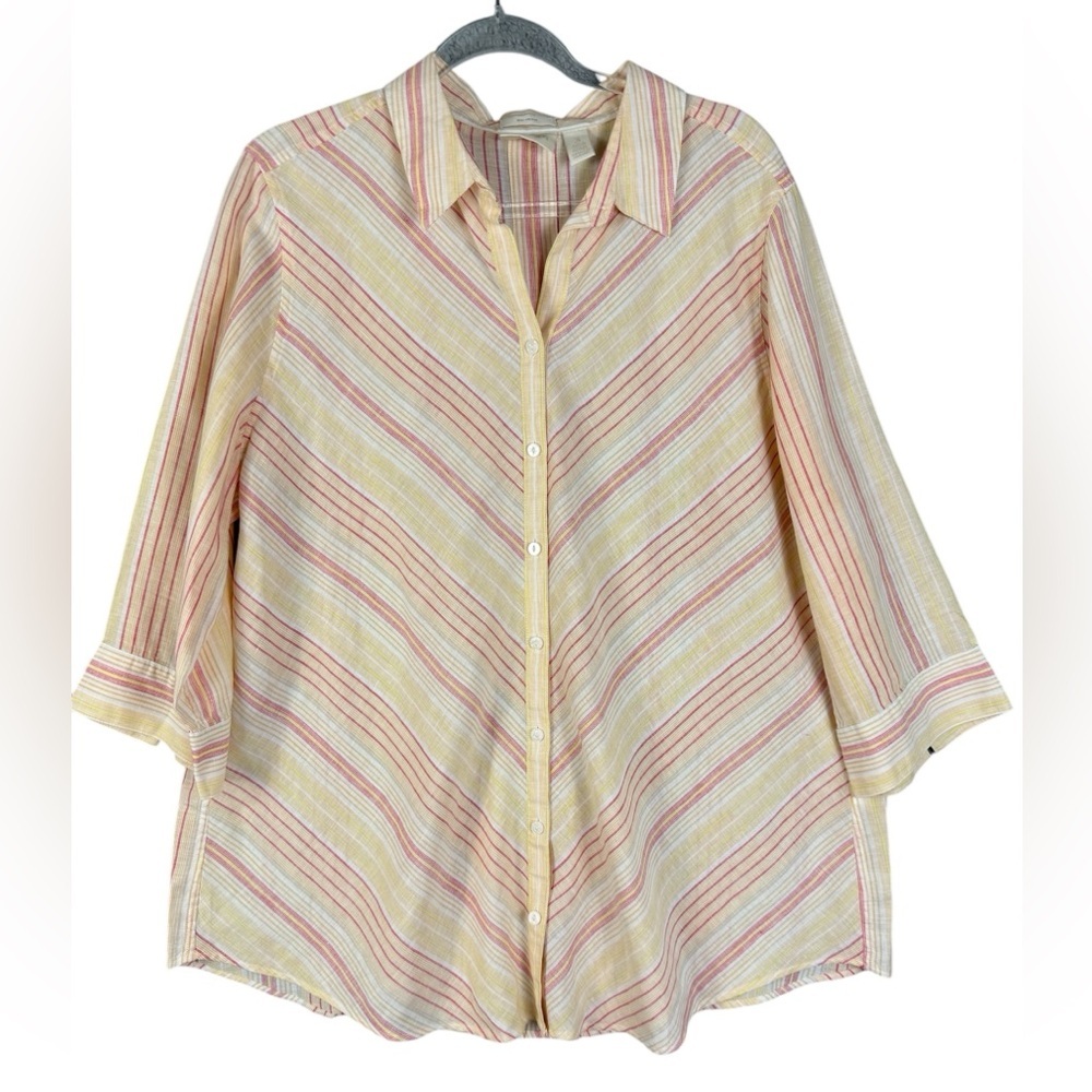 Chicos tunic linen blouse pink yellow striped no iron 3/4 Sleeve preowned